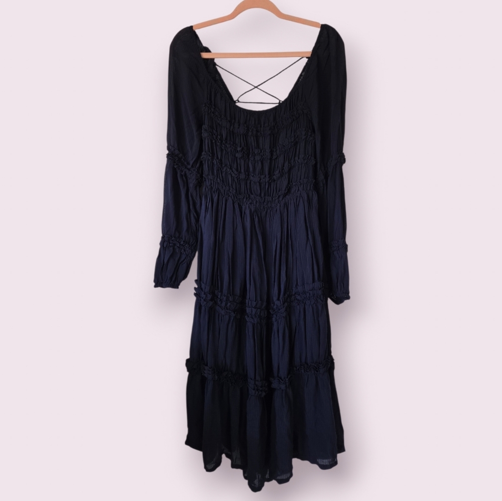 Idyllwind Romantic Ruffle Tiered Midi Dress Navy Blue‎ Lace Up Size M - Picture 3 of 10